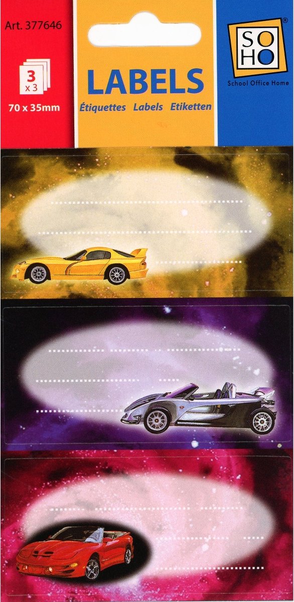 Schooletiketten- Sportauto - Auto's  - 70 x 35mm - 18 stuks