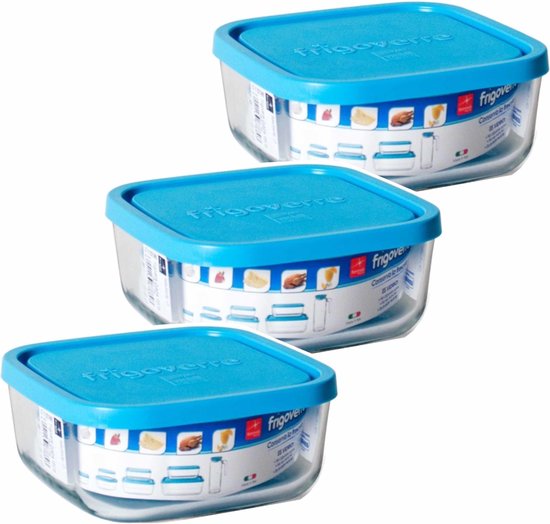 Bormioli Rocco Bewaarbakje/vershoudbakje Vigo - 3x - glas - vierkant - met deksel - 3,4 liter - meal prep