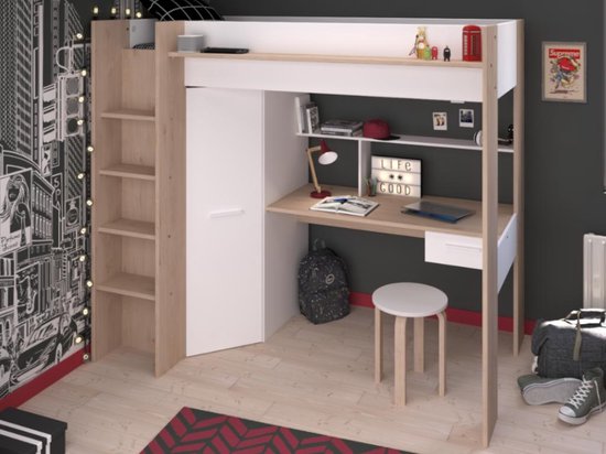KecDuey 90 x 200 cm hoogslaper met bureau en kledingkast, trap, multifunctioneel kinderbed, kinderstapelbed, uitgerust met laden en trapkast, grote opbergruimte, zonder matras