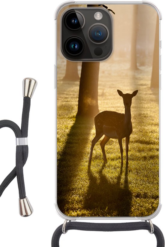 Coque de téléphone compatible avec Apple iPhone 14 Pro - Cerf - Soleil - Arbres - Siliconen - Bandoulière - Coque arrière avec cordon - Coque de téléphone avec cordon - Coque avec corde