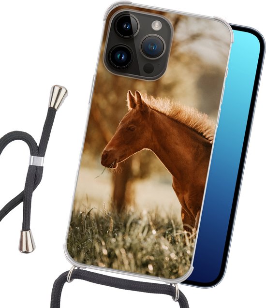 Étui de téléphone adapté à Apple iPhone 14 Pro - Cheval - Léger - Pâturage - Siliconen - Bandoulière - Coque arrière avec cordon - Étui de téléphone avec cordon - Étui avec corde Étui de téléphone