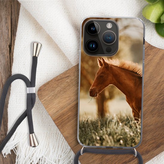 Étui de téléphone adapté à Apple iPhone 14 Pro - Cheval - Léger - Pâturage - Siliconen - Bandoulière - Coque arrière avec cordon - Étui de téléphone avec cordon - Étui avec corde Étui de téléphone