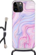 Geschikt voorApple Iphone 14 Pro Max - Crossbody Case - Marmer print - Kleuren - Pastel - Siliconen - Crossbody - Backcover met Koord - Telefoonhoesje met koord - Hoesje met touw