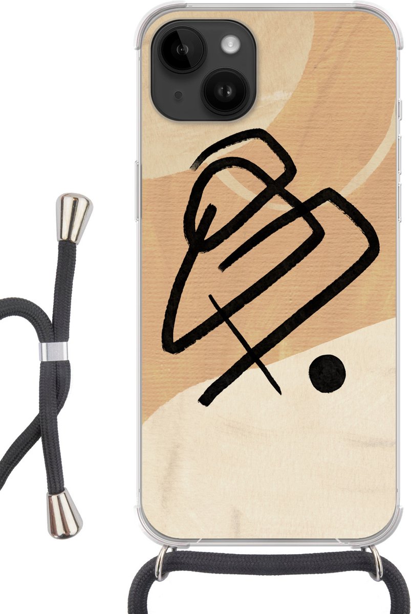 Telefoonhoesje Geschikt voor Apple Iphone 14 - Zwart - Design - Bruin - Siliconen - Crossbody - Backcover met Koord - Telefoonhoesje met koord - Hoesje met touw Telefoonhoesje