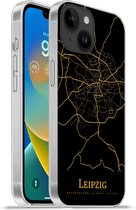 Geschikt voorApple Iphone 14 - Softcase hoesje - Leipzig - Kaart - Goud - Siliconen Telefoonhoesje