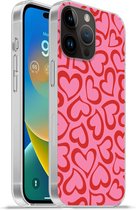 Geschikt voorApple Iphone 14 Pro - Softcase hoesje - Een illustratie van behang met rode hartjes - Siliconen Telefoonhoesje