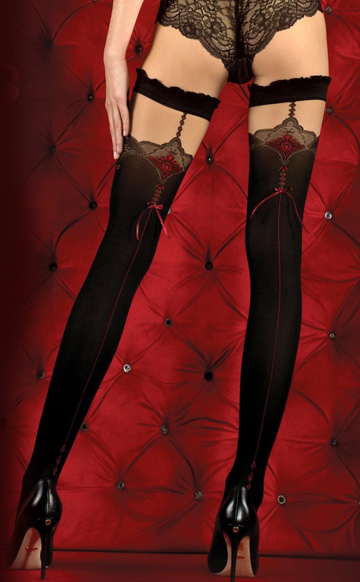 Goedkoopste Studio Collants LUXE HOLD-UP KOUSEN MET NAAD EN KANT zwart/rood -20/60 den S/M
