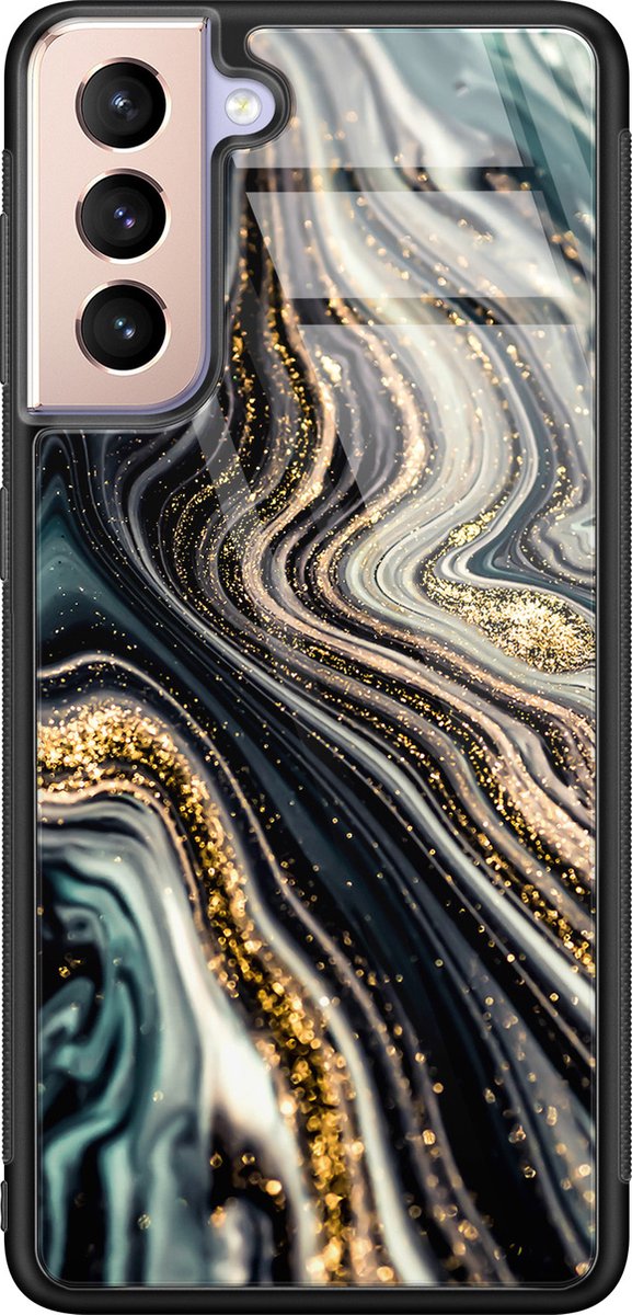 Hoesje geschikt voor Samsung Galaxy S21 - Marmer swirl - Luxe Glazen Hardcase - Marmer - Multi