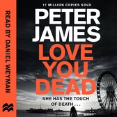 Boekcover met de titel 'Love You Dead' van Peter James. Een silhouet van een vrouw staat voor een pier en een reuzenrad.
