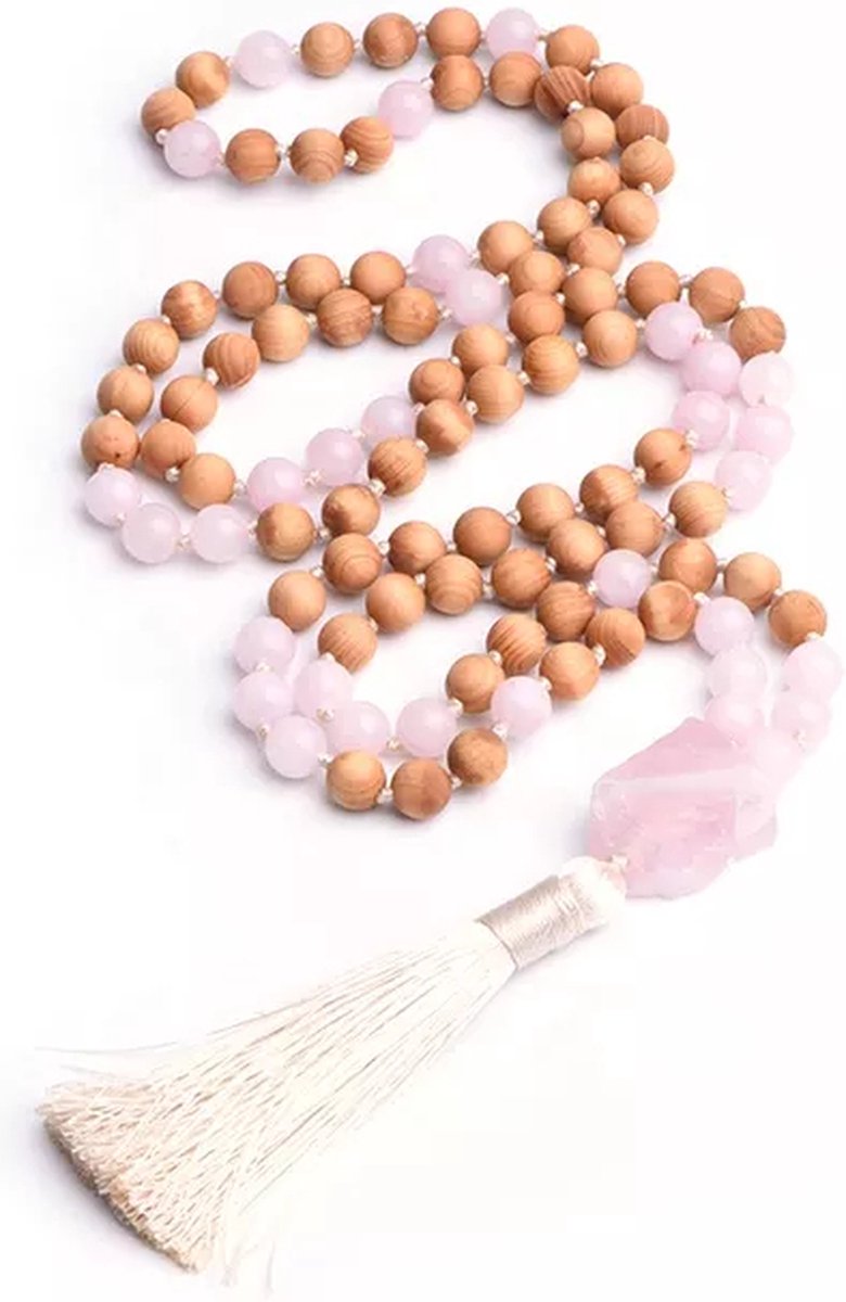 108 Mala Ketting Edelsteen Rozenkwarts hout | Sparkolia | Rozenkrans Kralenketting