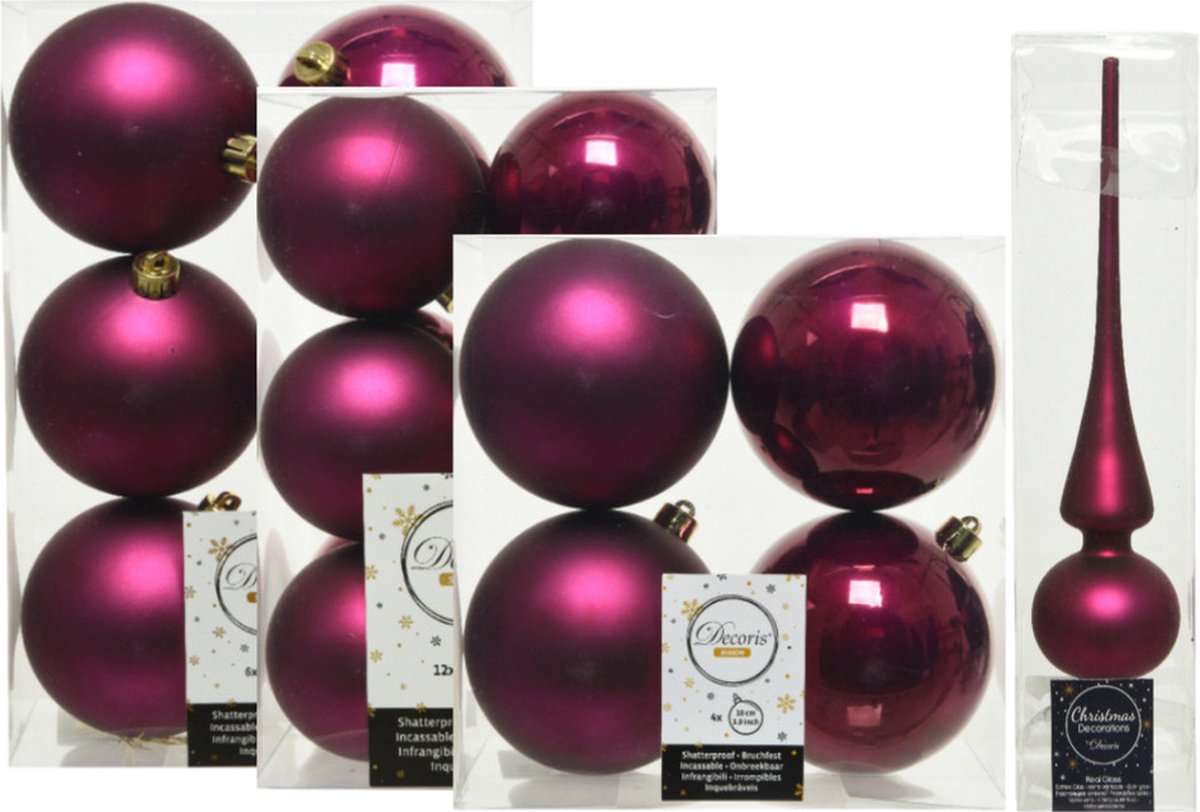 Kerstversiering kunststof kerstballen met glazen piek framboos roze 6-8-10 cm pakket van 45x stuks - Kerstboomversiering