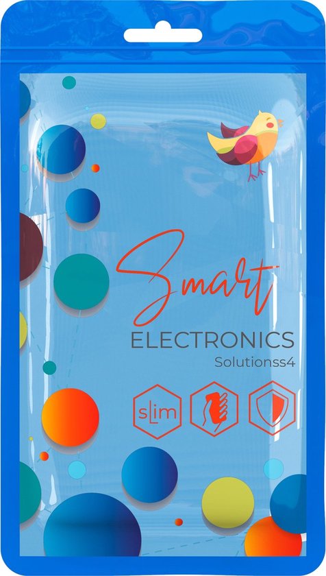 Blauwe verpakking met de tekst 'Smart ELECTRONICS Solutionss4', met diverse gekleurde cirkels en een vogel.