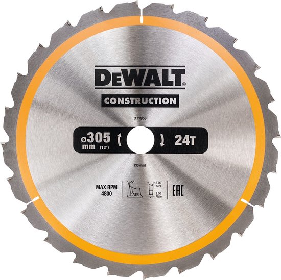 Lame de scie circulaire DeWALT pour bois | Construction | Ø 305mm Trou d'axe 30mm 24T - DT1958-QZ