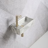 Fonteinset toilet - Mia 40.5x20x10.5cm marmerlook wit grijs links inclusief fontein kraan, sifon en afvoerplug mat goud - Fonteinset wc