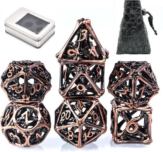 Afbeelding van het spel DND Hollow metal dice set - Hollow bone serie - DnD dobbelstenen set Copper - Dungeons and Dragons dobbelstenen Inclusief Leren bewaarzakje en lux doosje