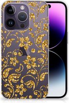 Telefoonhoesje Geschikt voor iPhone 14 Pro Back Cover Siliconen Hoesje Gouden Bloemen