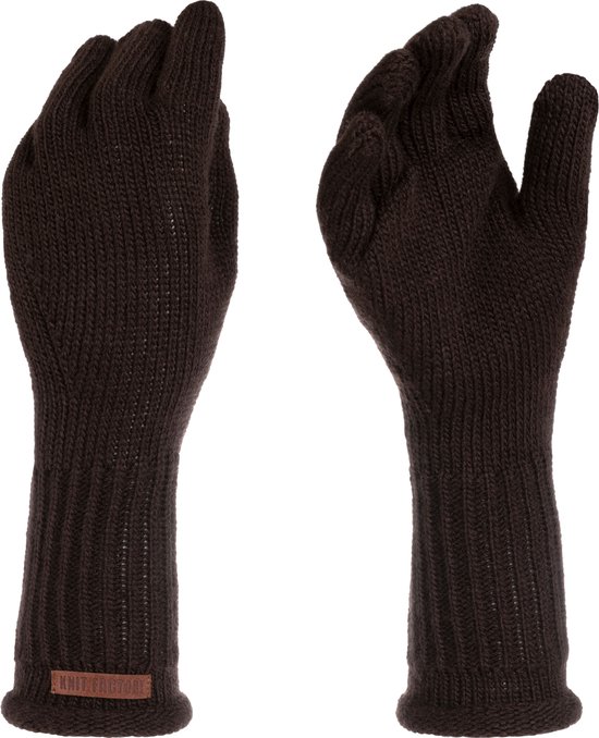Knit Factory Lana Gebreide Dames Handschoenen - Gebreide winter handschoenen - Donkerbruine handschoenen - Polswarmers - Donkerbruin - One Size