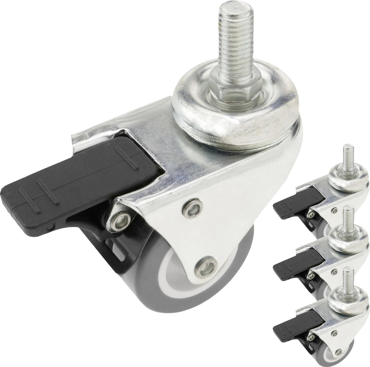 4-pack, WeFoonLo vergrendelbare schroefdraadsteelbevestiging 3 zwenkwiel met rem voor trolley, karren, meubels, werkbank (M12 schroefdraadsteel