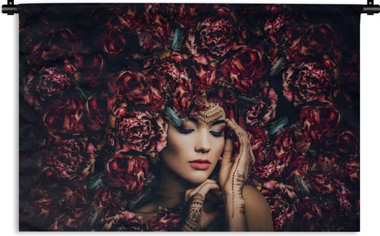 Wandkleed - Wanddoek - Vrouw - Bloemen - Henna - Portret - 180x120 cm - Wandtapijt