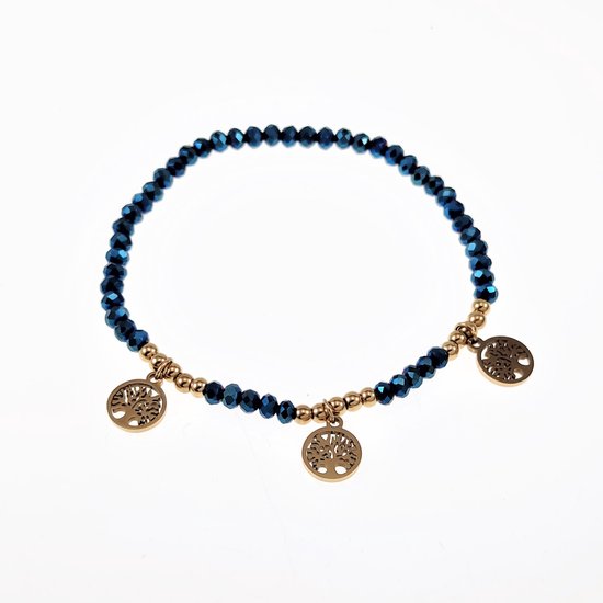Elastische Armband Dames - Blauwe Facet Geslepen Glaskralen - RVS Goud Kleur - Levensboom
