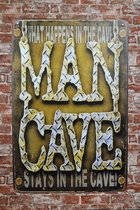 Wandbord - What happens - Mancave - Metalen wandbord - Wandbord metaal - Mancave decoratie - Bar decoratie - Wand Decoratie - Tekstbord - Wandborden - Metalen bord - UV bestendig - Decoratie - 20 x 30 cm - Cave & Garden