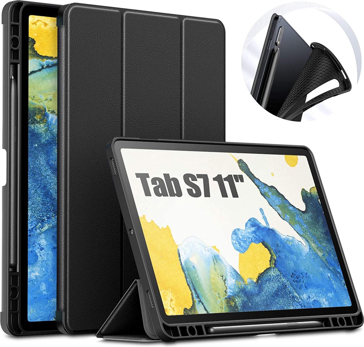 Phreeze Tri-Fold Tabethoes - Geschikt voor Samsung Galaxy Tab S7 11 Inch uit Hoes - Hoesje met Vouwbare Standaard met Pen Opbergvak - Zwart