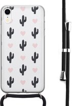 Hoesje met koord - Geschikt voor iPhone XR - Cactus - Verstelbaar zwart koord - Transparant, Groen - Planten - Leuke Telefoonhoesjes
