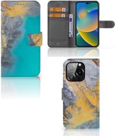 Flip Case iPhone 14 Pro Hoesje Marble Blue Gold