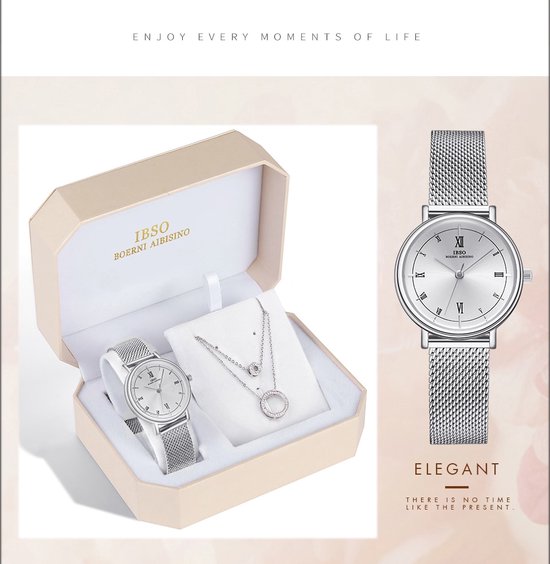 Boerni Aibisino Horloge en Ketting Zilver kleur luxe geschenk set | Crystal glass | Premium kwaliteit uurwerk Quartz Japan | Romeins | Mineraal | Geschenk | Fashion | Elegant | Dames | Vrouw |  Black Friday