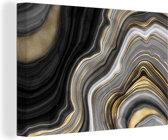 Tableau sur toile 150x100 cm - Décoration murale Marbre - Pierre - Agate - Noir et or - Décoration murale salon - Décoration chambre - Accessoires chambre - Peintures