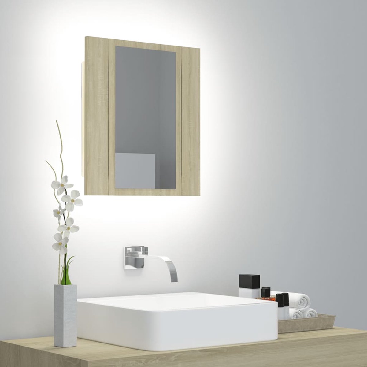 Prolenta Premium - Badkamerkast met spiegel en LED 40x12x45 cm sonoma eikenkleurig