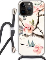 Case Company® - Hoesje met koord geschikt voor iPhone 14 Pro Max hoesje met Koord - Japanse bloemen - Telefoonhoesje met Zwart Koord - Extra Bescherming aan alle Kanten en Over de Schermrand