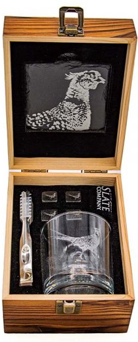 Geschenkset Fazant met Gegraveerd Whiskyglas Whiskystenen en Onderzetter - Just Slate Company Scotland