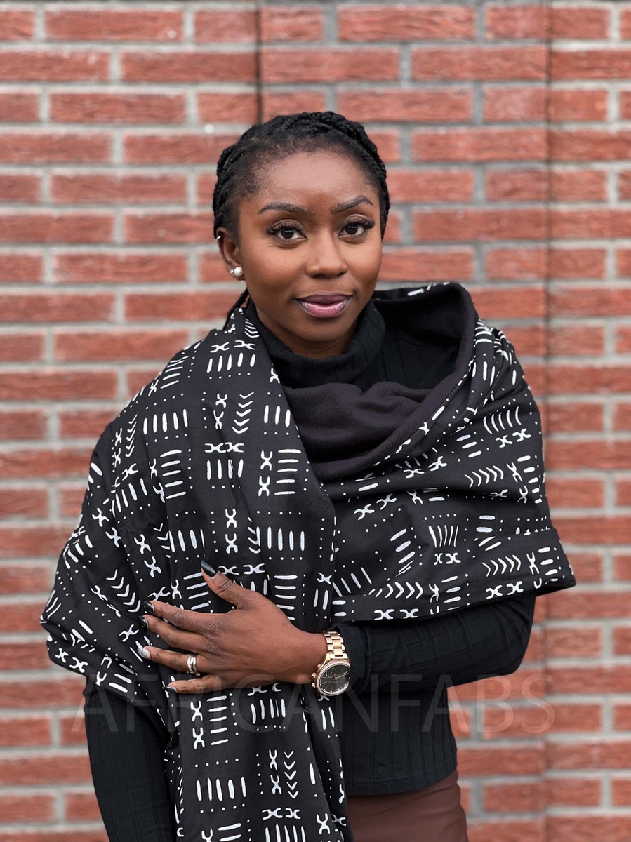 Warme Sjaal met Afrikaanse print Unisex - Zwarte mud cloth / bogolan - Winter sjaal / Fleece sjaal / Afrika print