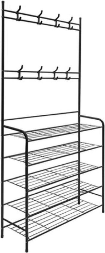 Eleganca Kledingrek met planken – Schoenenrek – Garderoberek – Ruimtebesparend –  Stevig en stabiel – 2-in-1 hangerrek - 5 planken - Metaal –  170x79x25cm - Zwart