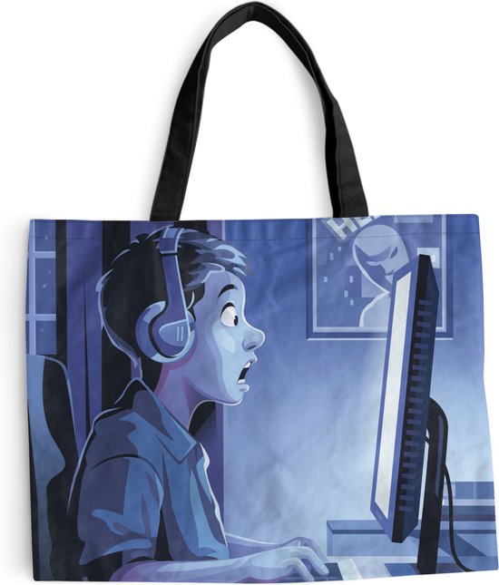 MuchoWow® Schoudertas - Strandtas - Big Shopper - Boodschappentas - Jongen - Gamen - Computer - Nacht - 50x40 cm - Katoenen tas