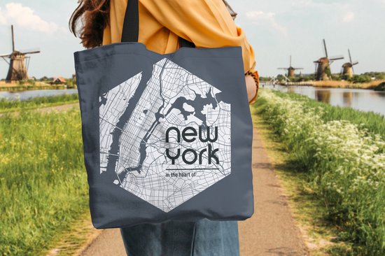 MuchoWow® Sac bandoulière - Sac de plage - Big Shopper - Sac shopping - New York - Carte - Hexagone - 45x45 cm - Sac en coton - Plan de la ville