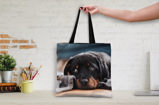 Sac à bandoulière - Sac de plage - Shopper Mignon chiot Rottweiler allongé sur le sol - 40x40 cm - Sac en coton