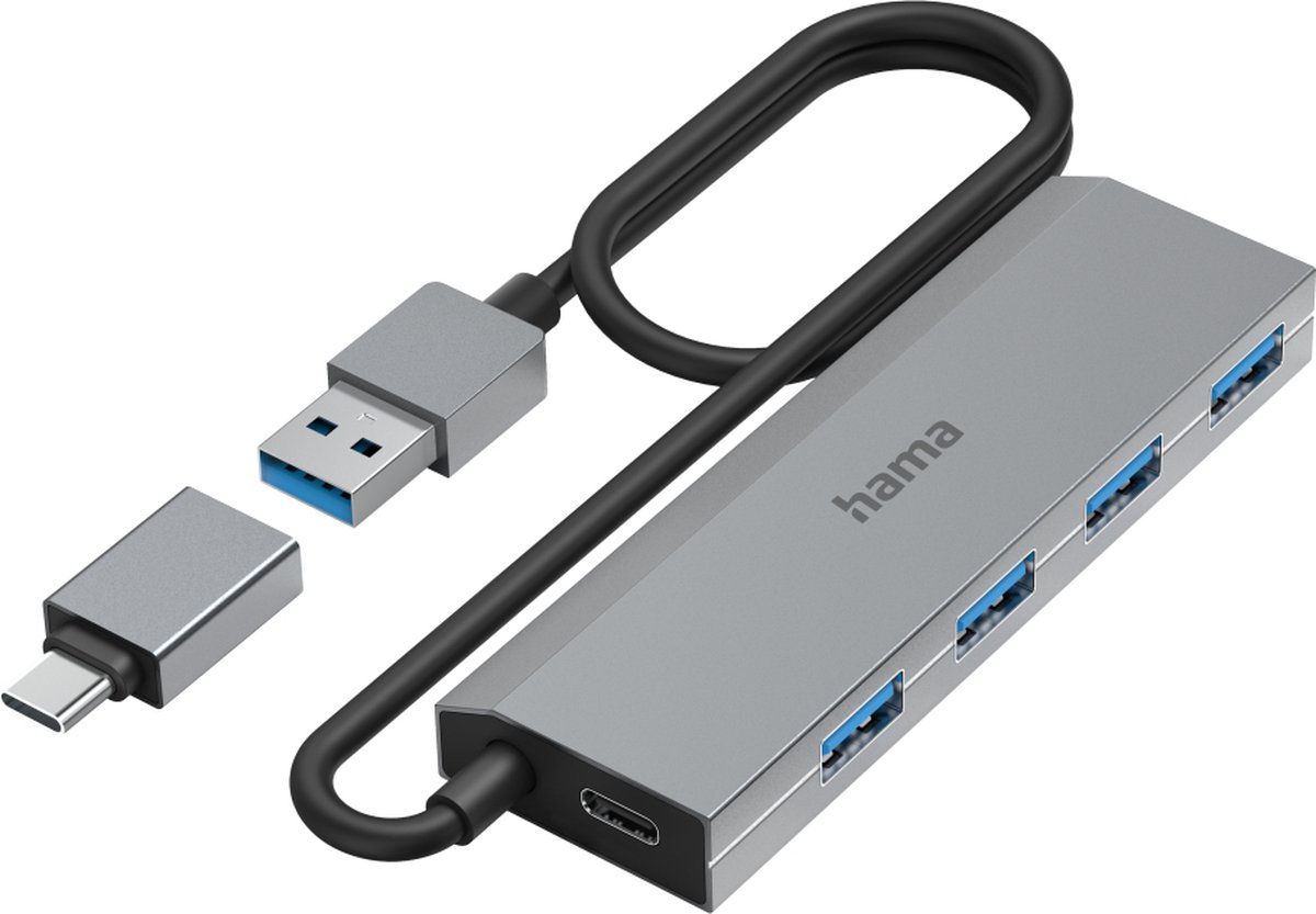 Hama 00200138 USB-hub 4 poorten USB-A USB 3.2 Gen1 5 GBit/s Met USB-C stekker Grijs