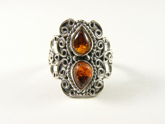 Bague en argent repoussé avec ambre - taille 16