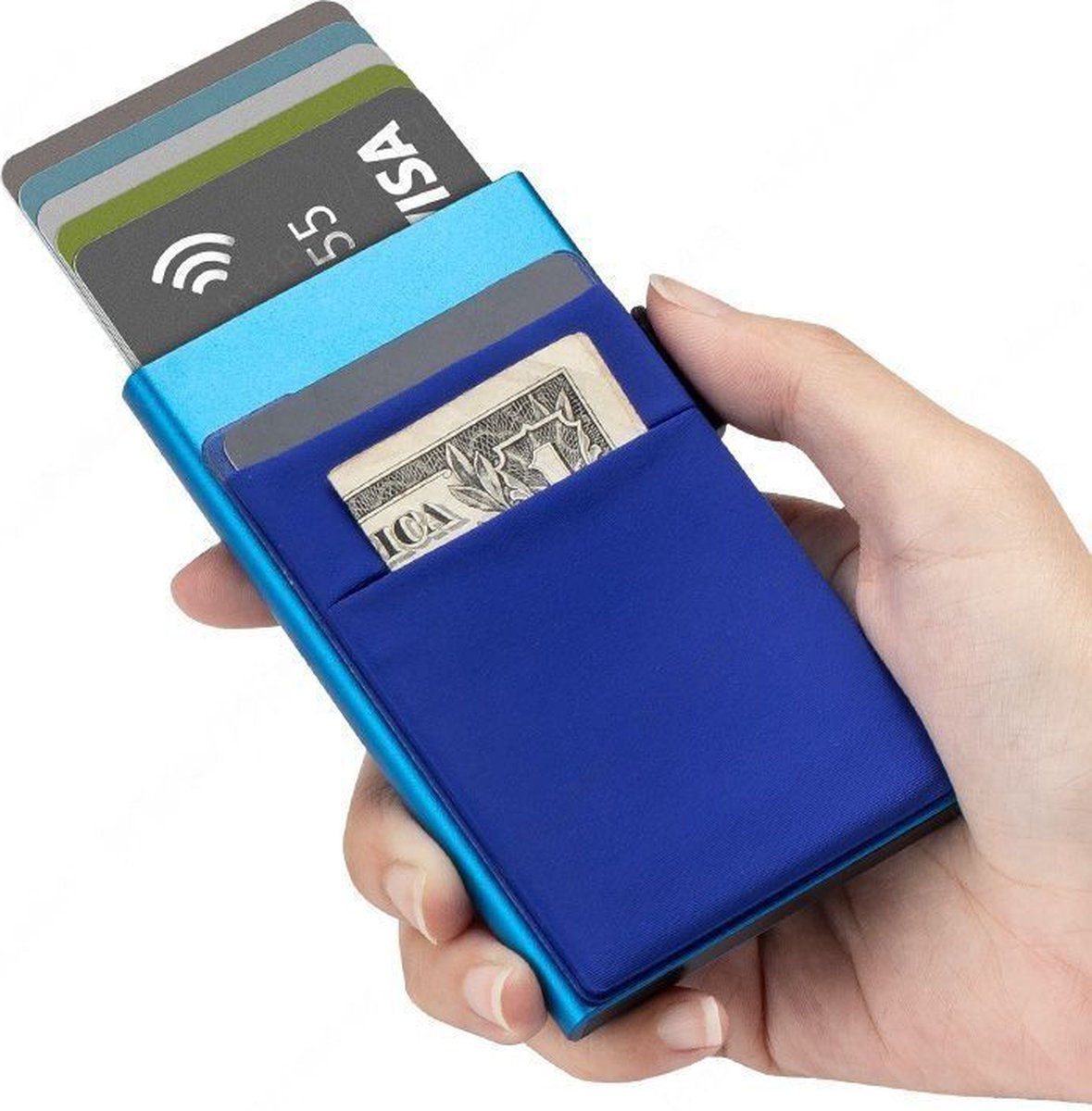 Imperatoris | Luxe Slim Kaarthouder/Pasjeshouder/Portemonnee - Aluminium - Uitschuifbaar - RFID & NFC Beveiliging - Blauw