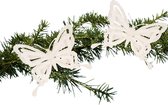Kerstboom vlinders op clip - 14 cm - 2x stuks - wit glitter - kunststof