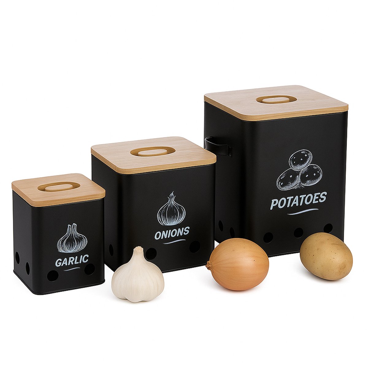 Uienpot - set van 3 - knoflookpot - met gaatjes - zwart