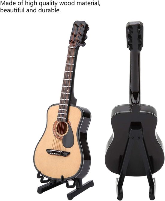 Houten Miniatuurgitaar Met Standaard – 10 Cm Model – Perfect Als Decoratie, Muziekcadeau Of Voor In Het Poppenhuis