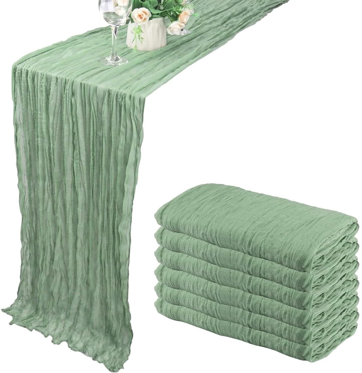 TOVBMUP Saliegroene tafelloper - Set van 6 - Moderne Boheemse tafeldecoratie - Eucalyptusgroene tafelloper - Geschikt voor bruiloftsdecoratie, verjaardagsdecoratie, kerstdecoratie, Valentijnsdagdecoratie - 90x300 cm