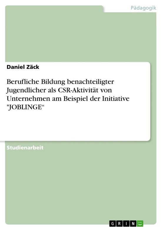 Berufliche Bildung benachteiligter Jugendlicher als CSR-Akti ... - cover