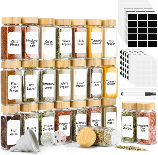 Praknu Kruidenpotjes met Bamboe Deksel - Set van 12 - Met Strooi-inzetstuk - 120ml - Inclusief Labels, Borstel & Houten Lepel