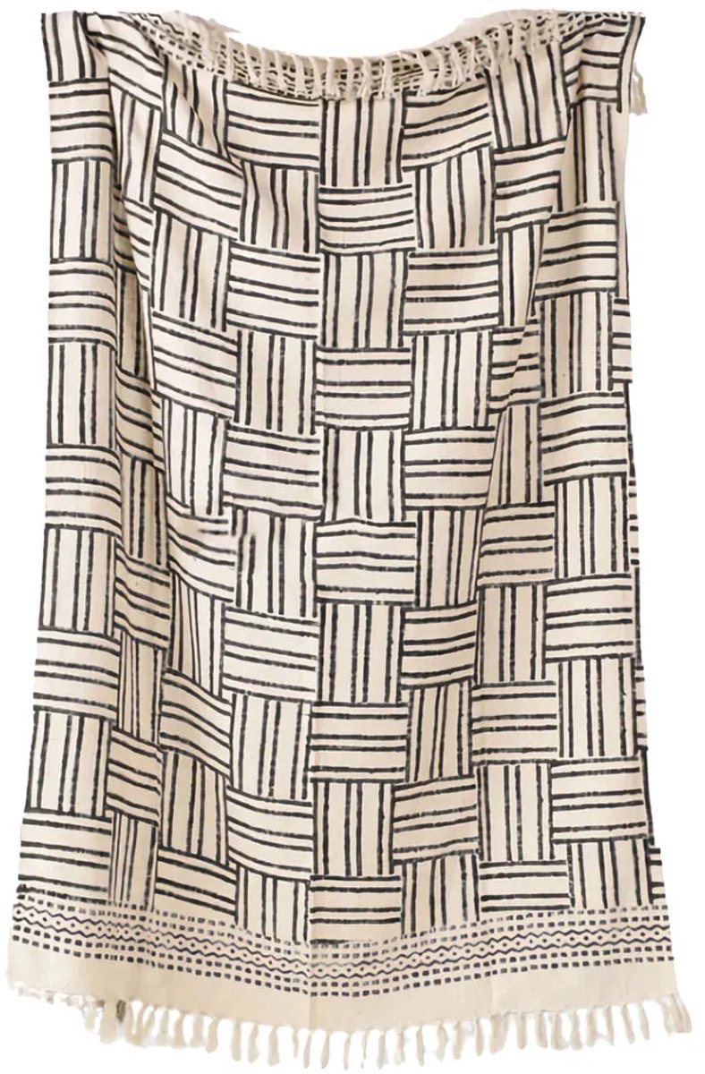 Urbane Hide | Handgeprinte Block Print Plaid | Plaids | 120x180 cm | met Franjes | 100% Katoen | Beige en Zwart