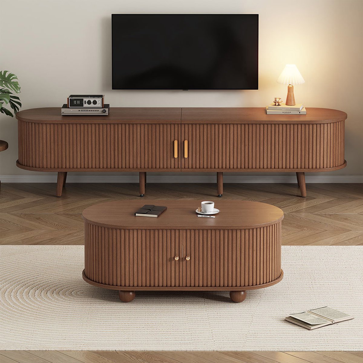 Pugsdrly TV-meubel voor de woonkamer met opbergruimte + combinatie van salontafels, combinatie in notenhout in de originele houtkleur, MDF, 2 sets