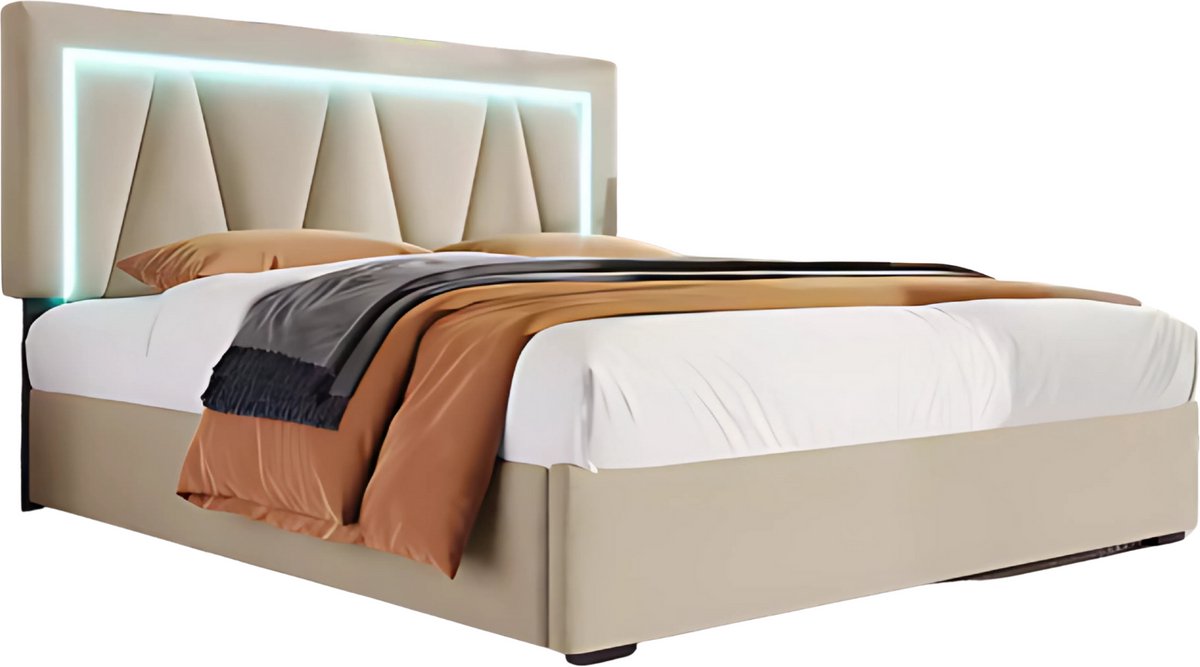 Happiq Bed - Tweepersoonsbedden - Tweepersoonsbed - Twijfelaar - Voor Slaapkamer - Met LED-verlichting, USB-C Oplaadfunctie, Lattenbodem & Opbergruimte - Linnen Bekleding - Inclusief Matras - 140x200 cm Beige